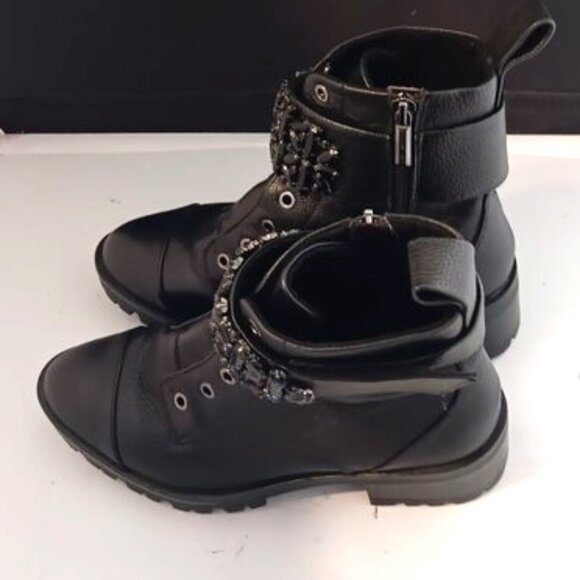 Karl Lagerfeld Paris Pippa Black Leather Bejeweled SideZip Lug-Sole Combat Boots - Picture 4 of 7